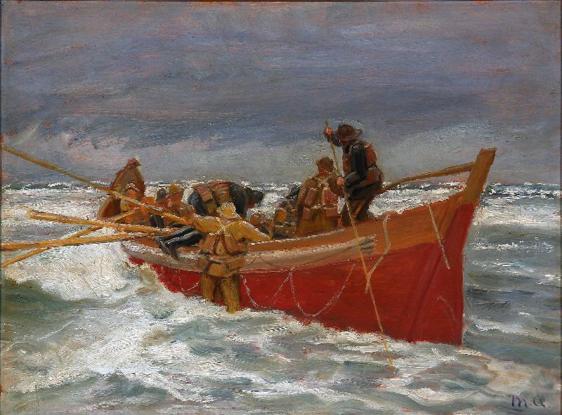 Michael Ancher The red rescue boat on its way out oil painting picture